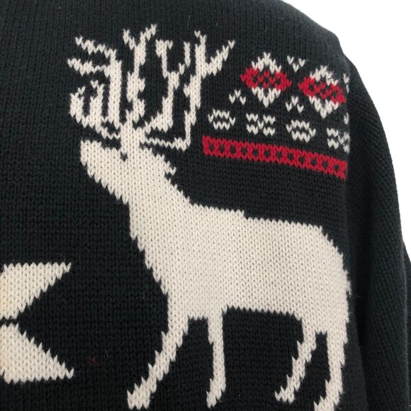 Chaps Fair Isle Sweater Reindeer Graphic Button Neck Black Cotton Large - Picture 6 of 8
